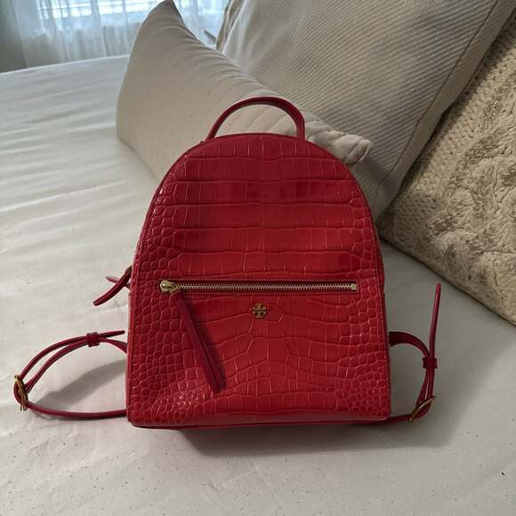 Tory Burch Croc-Embossed Liberty Red Leather Mini Backpack